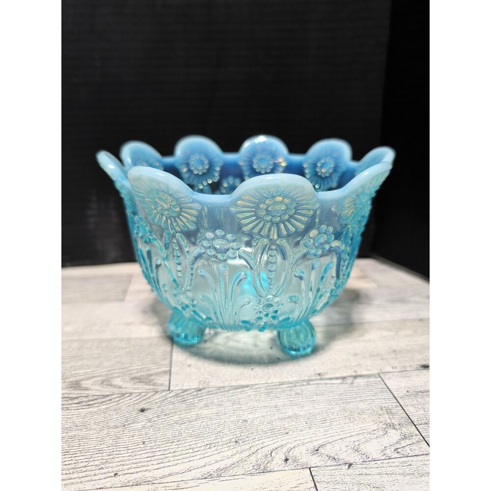 Northwood Blue Opalescent Pearl Flowers Novelty Nut Bowl Candy Dish